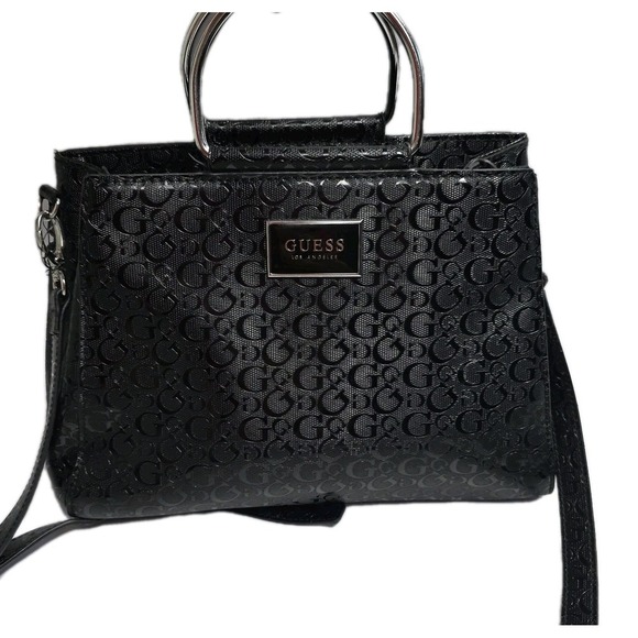 Guess Handbags - Guess Black Logo Satchel Handbag Silver Handle Crossbody Strap Spacious Bag